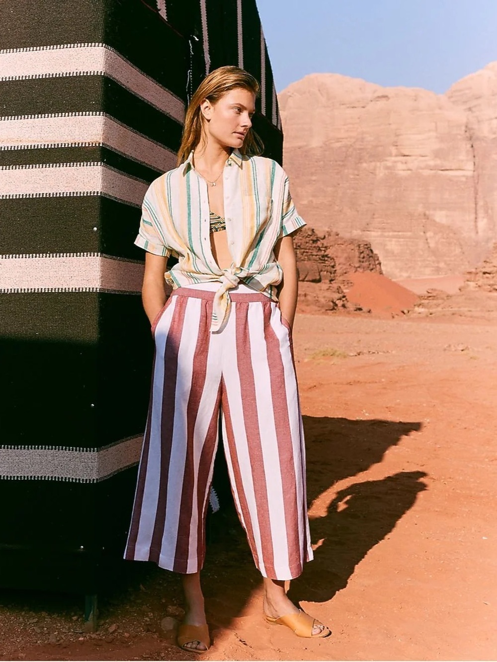 Madewell Huston Straight Leg Pull On Wide Leg Cropped Pants Striped Linen Blend